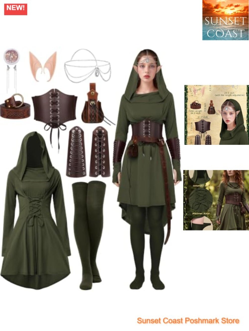 Women Renaissance Costume Set Medieval Hooded Dress Cosplay Halloween